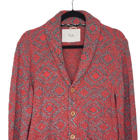 Koto Shawl Collar Diamond Red & Gray Grandpa Core Cardigan Sweater Size M - Picture 3 of 9